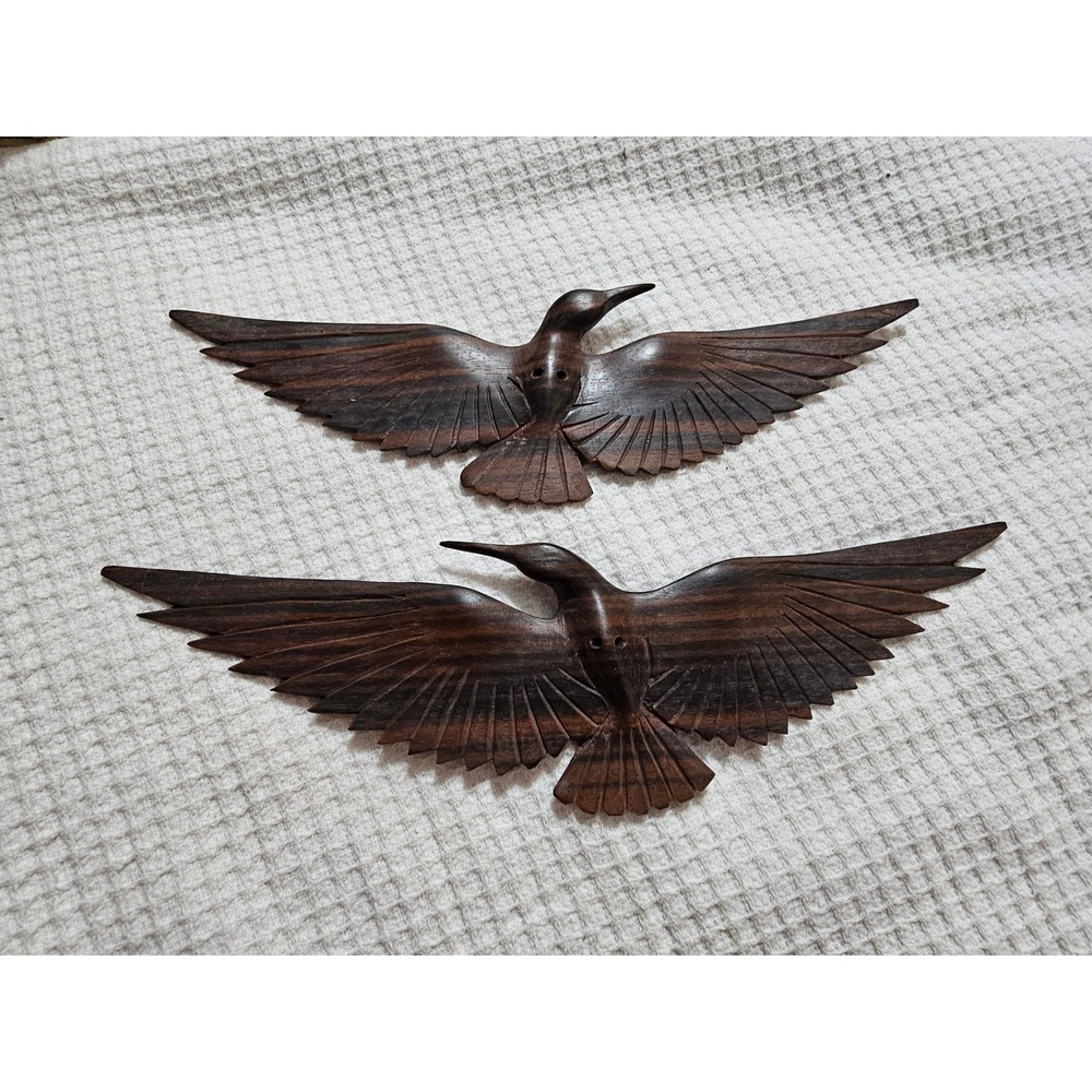 Vintage Hand Carved Dark Wood Bird Wall Hanging Set of 2 Seagulls Coastal Decor